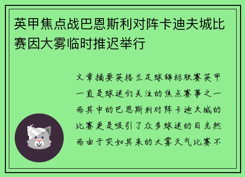 英甲焦点战巴恩斯利对阵卡迪夫城比赛因大雾临时推迟举行